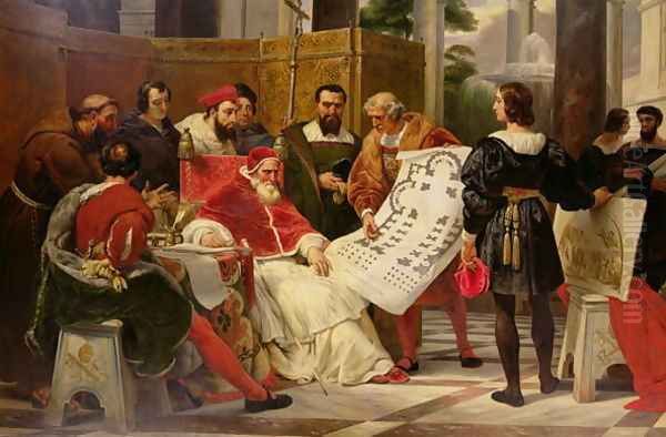 Pope Julius II ordering Bramante, Michelangelo and Raphael to construct the Vatican and St. Peters, 1827 Oil Painting by Horace Vernet