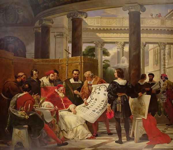 Pope Julius II ordering Bramante, Michelangelo and Raphael to construct the Vatican and St. Peters, 1827 2 Oil Painting by Horace Vernet