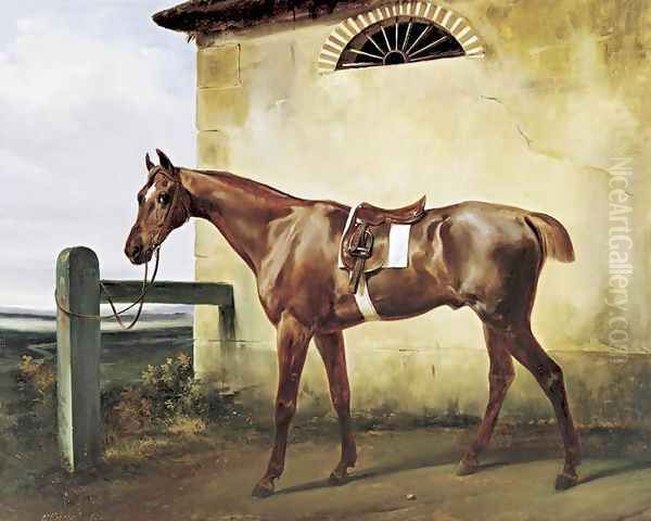 A Saddled Race Horse Tied to a Fence 1828 Oil Painting by Horace Vernet