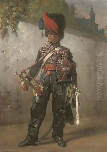 A trumpeter from the 9th regiment of the French Hussars, circa 1820 Oil Painting by Horace Vernet