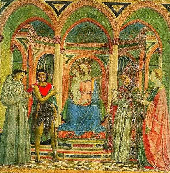 Madonna and Child Enthroned with SS Francis John the baptist Zenobius and Lucy Oil Painting by Domenico Veneziano