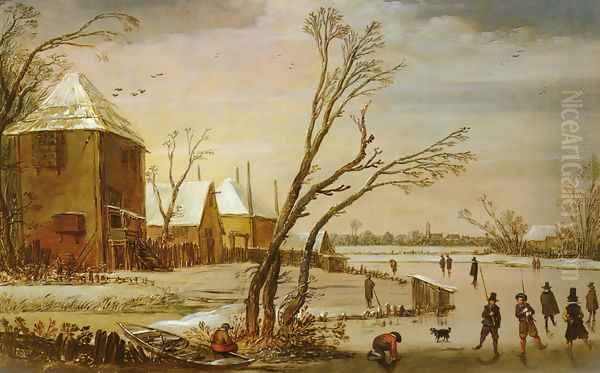 A Winter Landscape With Skaters On A Frozen River Oil Painting by Esaias Van De Velde