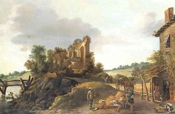 An extensive landscape with soldiers resting by a tavern, a horse and cart and other figures on a road and a ruin on a hilltop beyond Oil Painting by Esaias Van De Velde