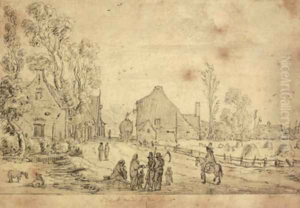 A village scene with harvesters and a horseman on a track, a field with hay stooks seen beyond Oil Painting by Esaias Van De Velde