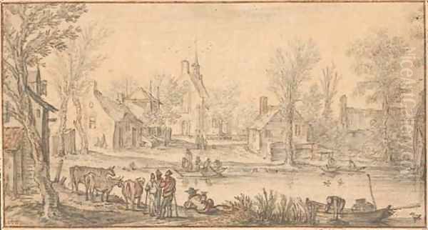 A village on a river, figures in the foreground Oil Painting by Esaias Van De Velde