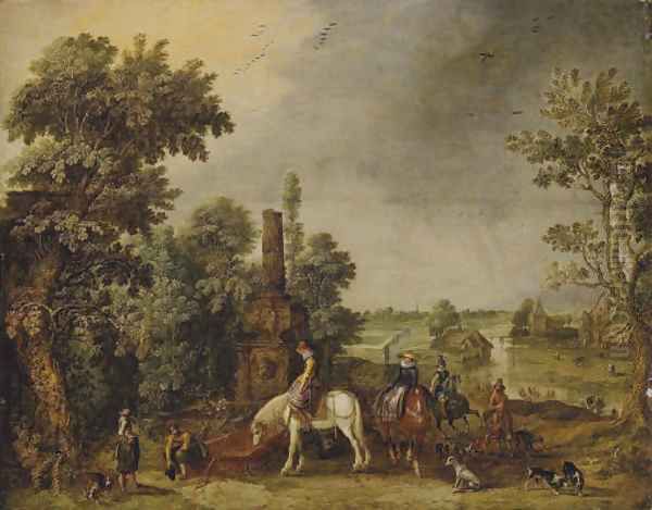 An extensive landscape with a hunting party halting by a classical fountain Oil Painting by Esaias Van De Velde