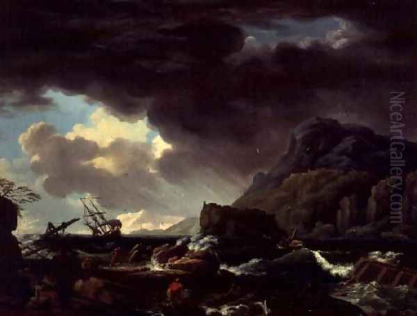 A Mediterranean coastal scene with ships foundering and castaways Oil Painting by Claude-joseph Vernet