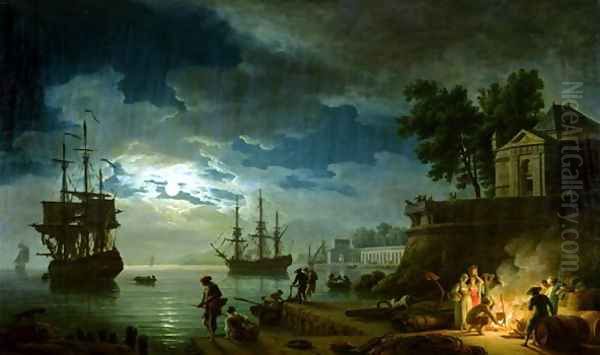 Night A Port in the Moonlight, 1748 Oil Painting by Claude-joseph Vernet