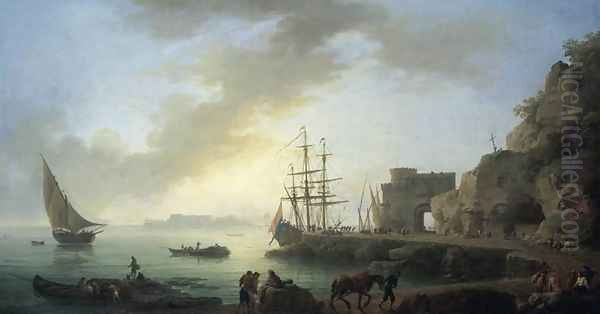 Mediterranean Port at Dawn c. 1750 Oil Painting by Claude-joseph Vernet