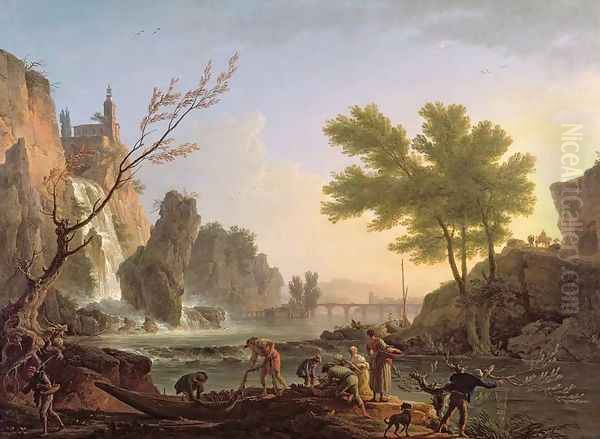 Fisherman in Landscape with cascade and bridge Oil Painting by Claude-joseph Vernet