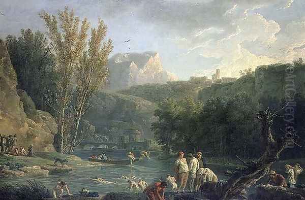 River Scene with Bathers Oil Painting by Claude-joseph Vernet