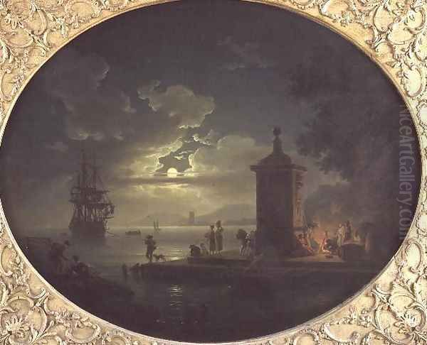 Night A Moonlit coastal landscape with Fisherfolk by a fire on a Quay, a Man of War beyond Oil Painting by Claude-joseph Vernet