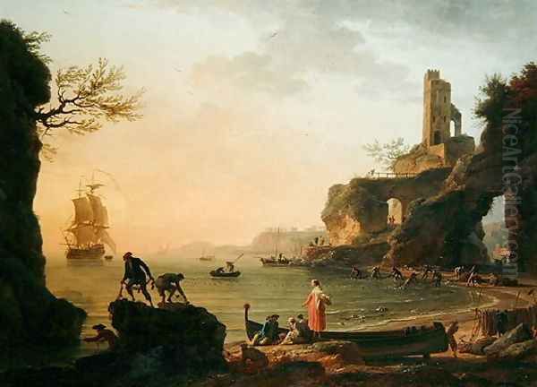 Sunset, Fishermen Pulling in Their Nets, 1760 Oil Painting by Claude-joseph Vernet