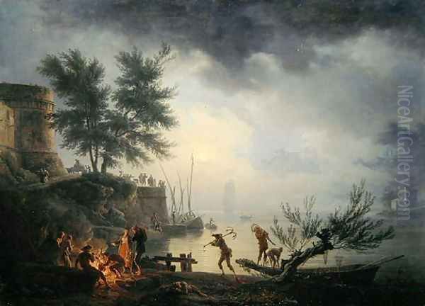 Sunrise, A Coastal Scene with Figures around a Fire, 1760 Oil Painting by Claude-joseph Vernet