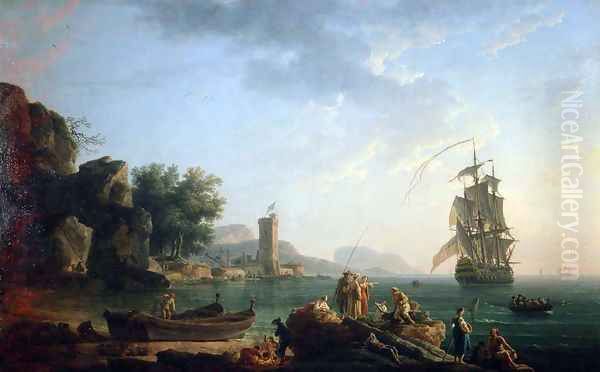 Coast scene with British man of war Oil Painting by Claude-joseph Vernet