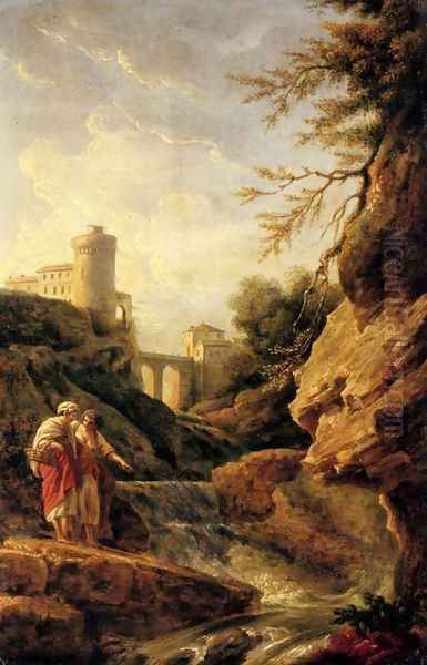 Two female peasants by a waterfall, a town and aqueduct beyond Oil Painting by Claude-joseph Vernet