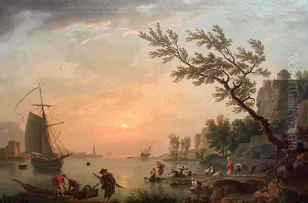 Sea port in a warm evening with the lighthouse Oil Painting by Claude-joseph Vernet