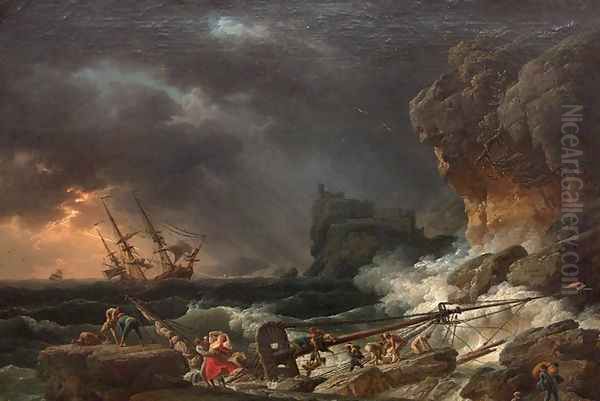 Storm on Wednesday with wrecks of ships Oil Painting by Claude-joseph Vernet