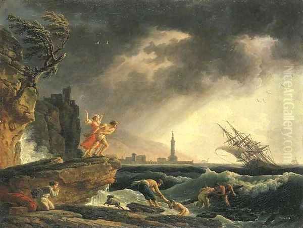 A stormy coastal seascape with survivors from a shipwreck on a rocky outcrop Oil Painting by Claude-joseph Vernet