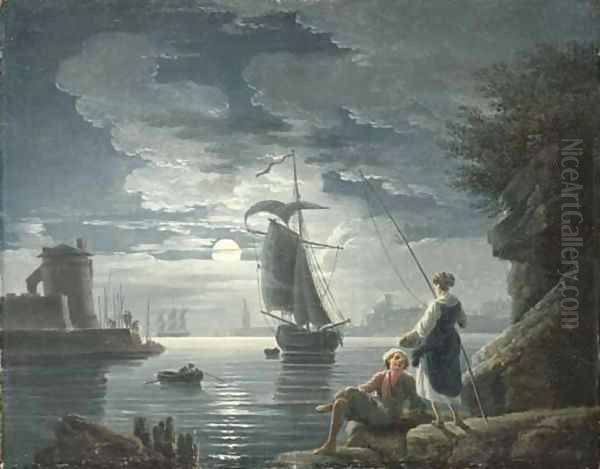 A rocky harbour by moonlight with a peasant couple conversing in the foreground Oil Painting by Claude-joseph Vernet