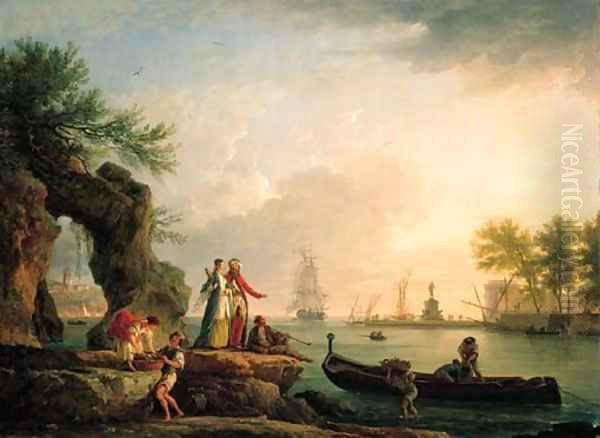 A Mediterranean port at sunset with a Levantine couple on an outcrop and fishermen unloading their catch Oil Painting by Claude-joseph Vernet