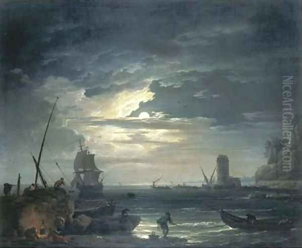 A Mediterranean inlet by moonlight with fisherfolk cooking by a rock, a three-master about to drop anchor and a tower beyond Oil Painting by Claude-joseph Vernet