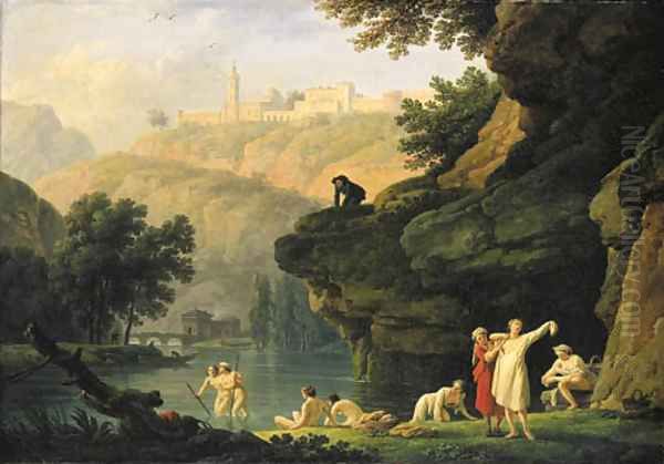 Les Baigneuses A mountainous landscape with bathers at a lake, a man looking on from an outcrop above Oil Painting by Claude-joseph Vernet