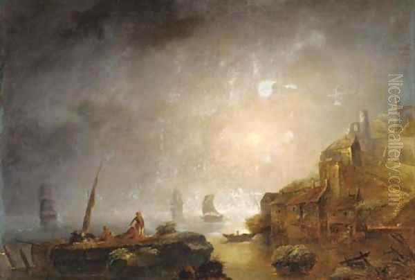 A coastal landscape with figures on a rocky outcrop Oil Painting by Claude-joseph Vernet