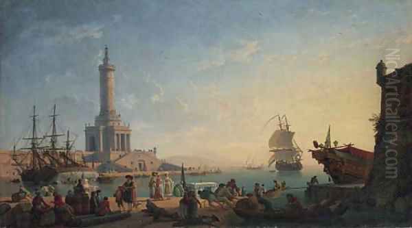 A Mediterranean harbour at sunset with fisherfolk and merchants on a quay, a lighthouse beyond Oil Painting by Claude-joseph Vernet