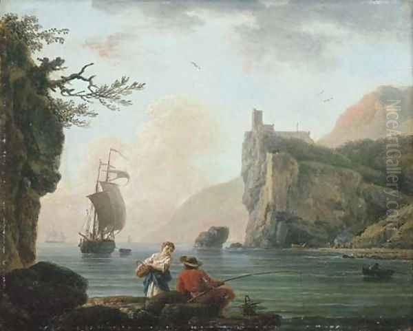 A rocky coastal landscape with a fisherman talking to a peasant girl Oil Painting by Claude-joseph Vernet