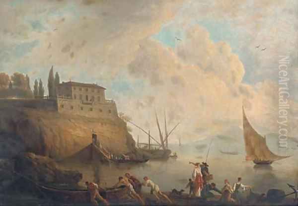 Fisherfolk before a Neapolitan villa Oil Painting by Claude-joseph Vernet