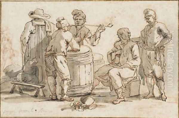 A group of men talking around a barrel, one smoking Oil Painting by Claude-joseph Vernet