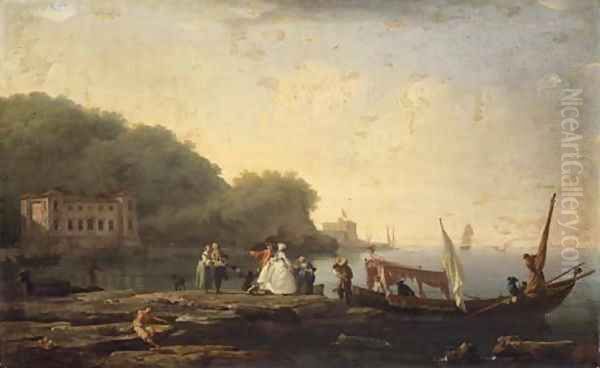 A Mediterranean coastal landscape with elegant company disembarking from an Italian Gondola Oil Painting by Claude-joseph Vernet