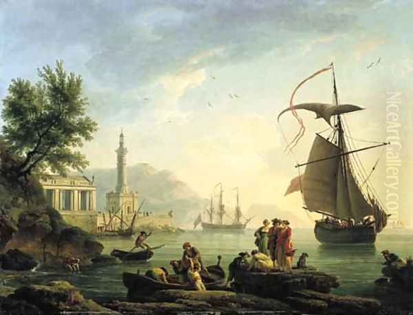 A Mediterranean harbour at sunset with fisherfolk on a quay Oil Painting by Claude-joseph Vernet