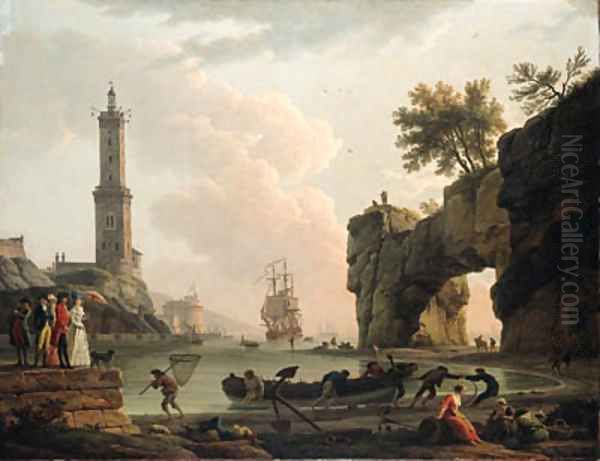 A Mediterranean harbour at sunset, with the artist, his daughter Emilie Chalgrin, his son Carle Vernet, his daughter-in-law, Fanny Moreau Oil Painting by Claude-joseph Vernet