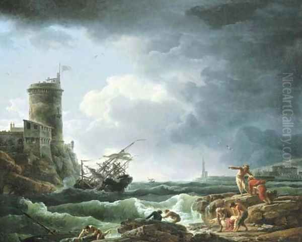 A storm with a shipwreck by a fortress, a castaway in the foreground Oil Painting by Claude-joseph Vernet