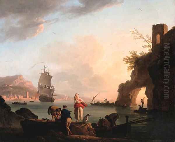 La Peche heureuse A Mediterranean coast at sunset with fisherfolk unloading a catch near a natural arch, a frigate offshore, and a city beyond Oil Painting by Claude-joseph Vernet