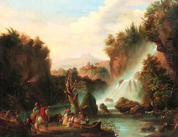 Travellers before the falls of Tivoli with the Temple of Vesta beyond Oil Painting by Claude-joseph Vernet