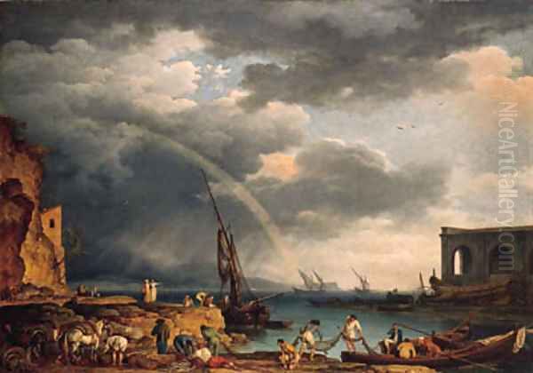 L'Arc en Ciel an Italianate coastal view with a rainbow, fishermen and peasants at an inlet in the foreground, a shipwright's yard beyond Oil Painting by Claude-joseph Vernet