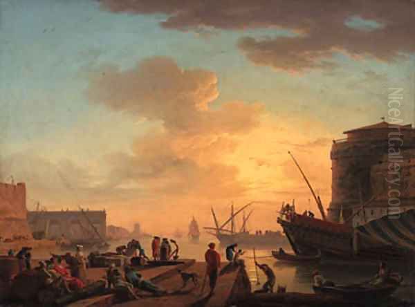 Le Soir A Mediterranean harbour at sunset with fisherfolk and merchants on a quay Oil Painting by Claude-joseph Vernet