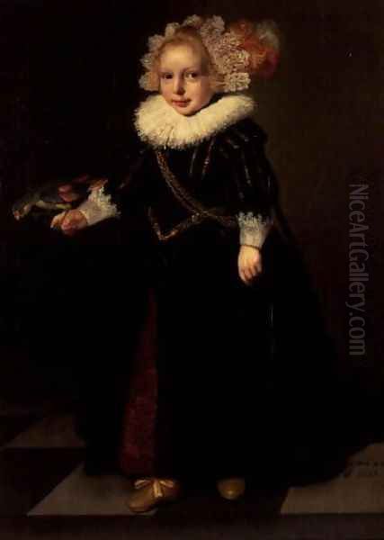 Girl wearing a black dress with feather head dress Oil Painting by Cornelis De Vos