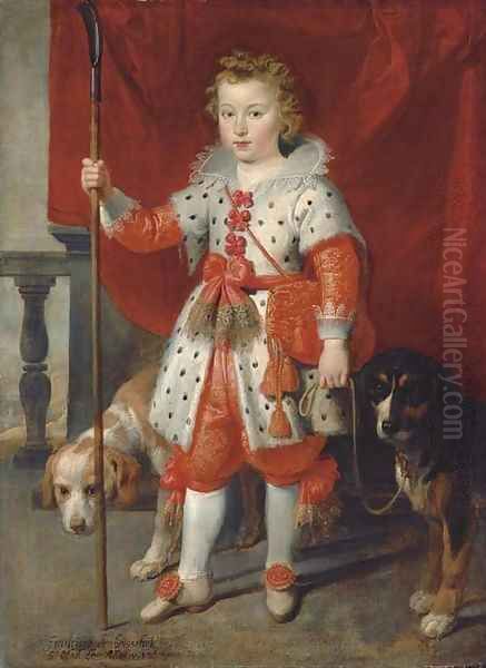 Portrait of a boy, traditionally called Francois de Boisschot, Comte d'Erps, full-length, in an ermine coat with red bows and red hose, on a balcony Oil Painting by Cornelis De Vos