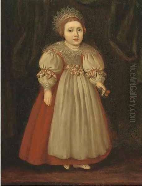 Portrait of Isabella Buxton as a young girl, full-length, in a red dress with a lace collar, holding cherries Oil Painting by Cornelis De Vos