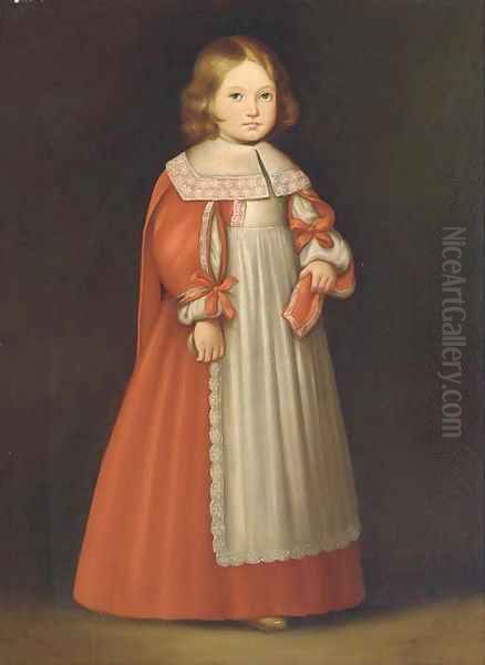 Portrait of a young girl, standing full-length, in a red and white dress Oil Painting by Cornelis De Vos