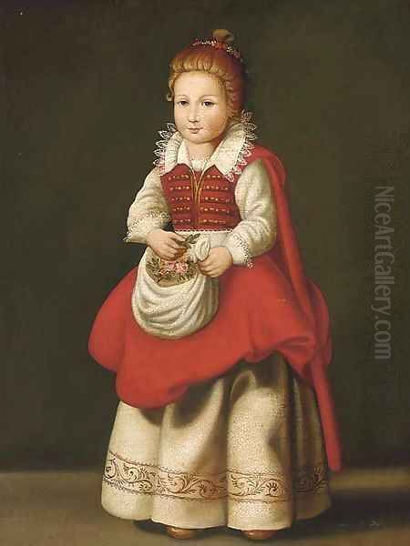 Portrait of a young girl, standing full-length, with flowers in her apron Oil Painting by Cornelis De Vos