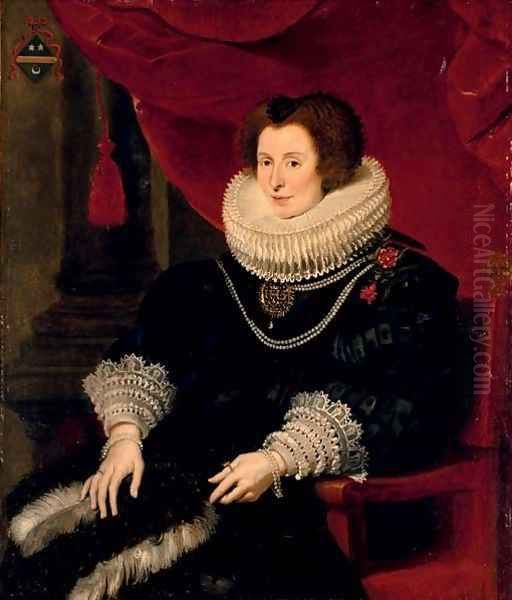 Portrait of a lady, believed to be Anna de Bourgeois (d. 1636), three-quarter-length, in a black dress with a fan, seated Oil Painting by Cornelis De Vos