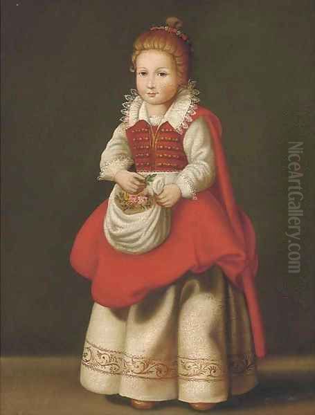 Portrait of a young girl, full-length with flowers in her apron Oil Painting by Cornelis De Vos