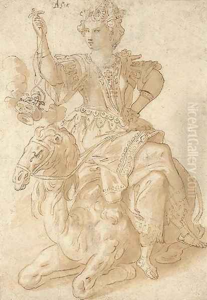 Asia seated on a camel and holding an incense burner Oil Painting by Cornelis De Vos