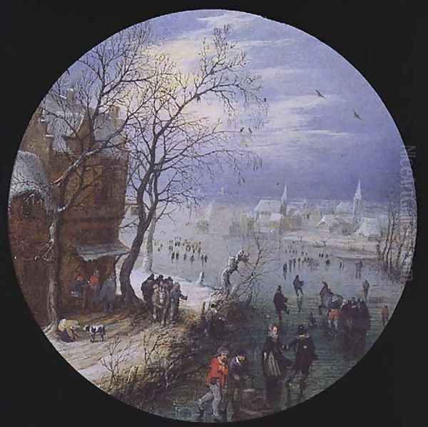 A Winter Skating Scene Oil Painting by Adriaen Pietersz. Van De Venne