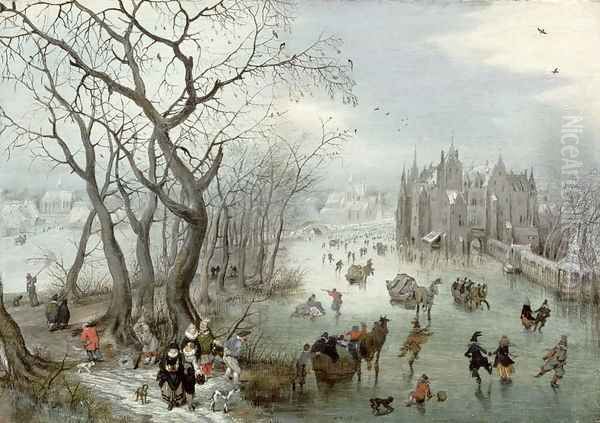 Winter Landscape with Skaters near a Castle, 1615 Oil Painting by Adriaen Pietersz. Van De Venne